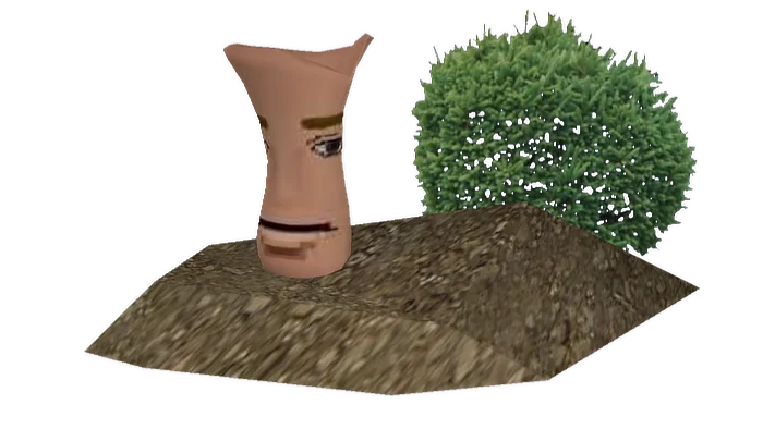 A Nimbusian, with a squat, round body wearing a blue vest, red shoes, and arms, with a welcoming smile