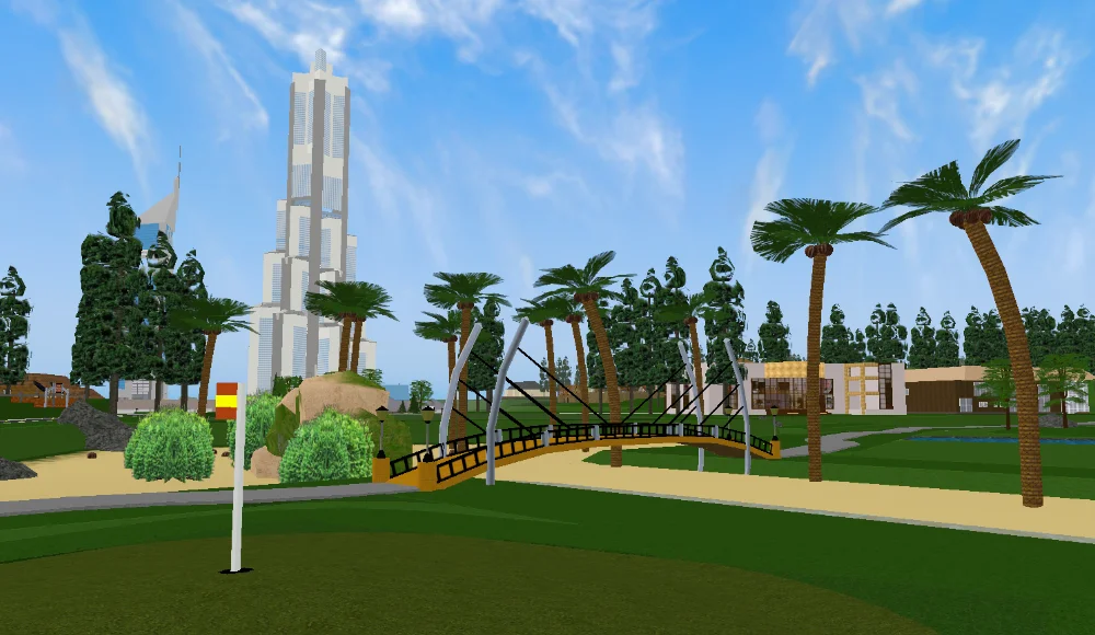 A beautiful golf course, dotted with palm trees. In the background, the Burj Khalifa skyscraper.