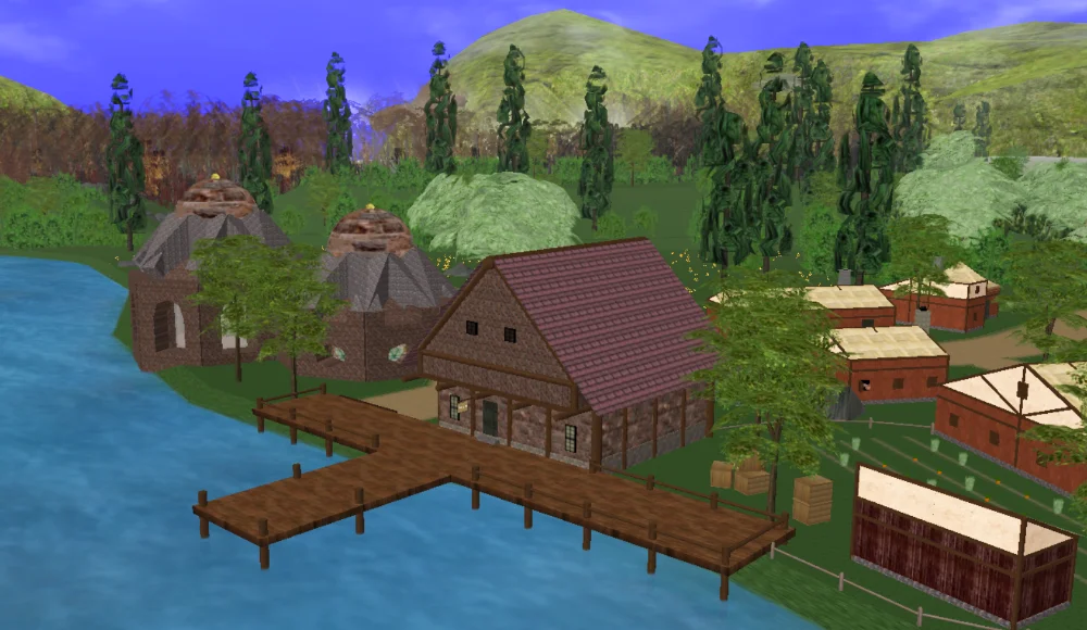 A medieval village on a lake. In the background stands a dead, blighted forest.