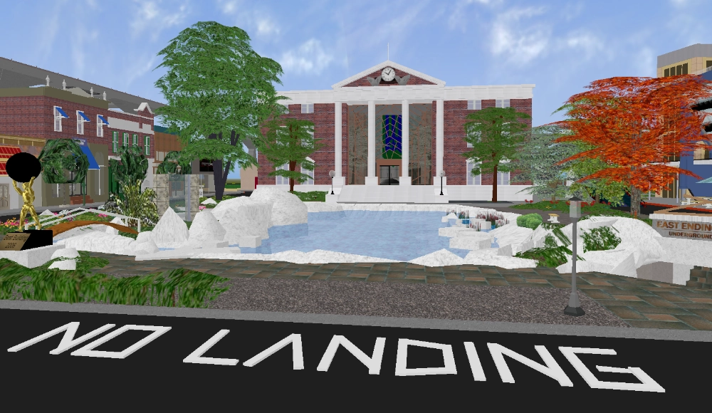 A recreation of the Hill Valley Courthouse square from Back to the Future, Part 2, featuring the future 2015.