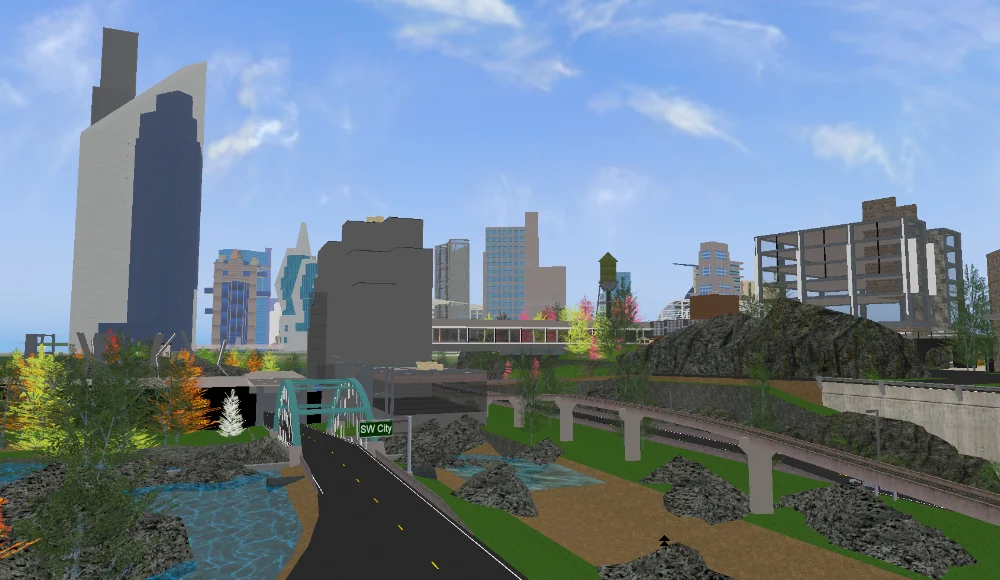 The skyline of a city, with roads in the foreground leading towards it. Some textures are missing here and there.
