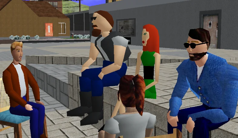 A gathering of male and female humans in a plaza