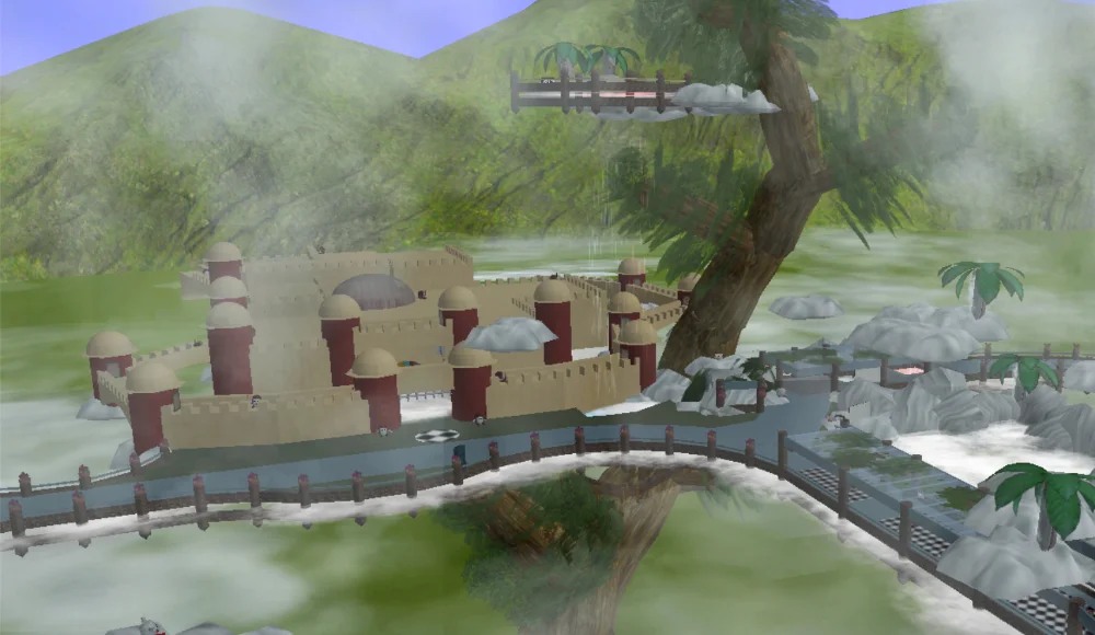 A floating castle in the clouds. Next to it, a giant tree-like stalk emerges from the cloud layer and towers above the castle