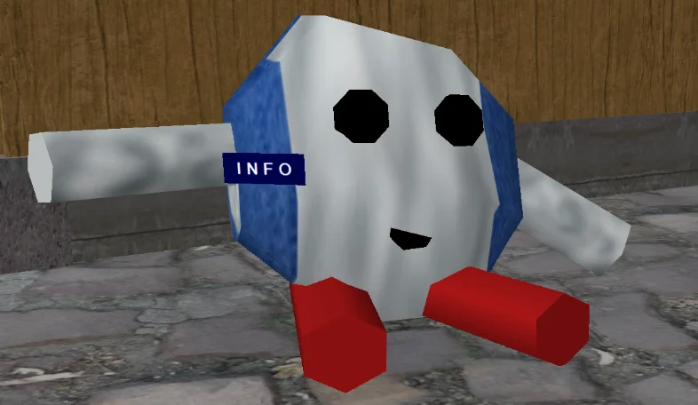 A Nimbusian, with a squat, round body wearing a blue vest, red shoes, and arms, with a welcoming smile