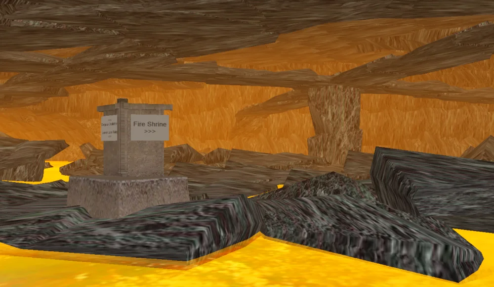 A rocky cavern with lava flowing in between great, flat stones. Above, a second story made up of stony latticework of walkable paths.