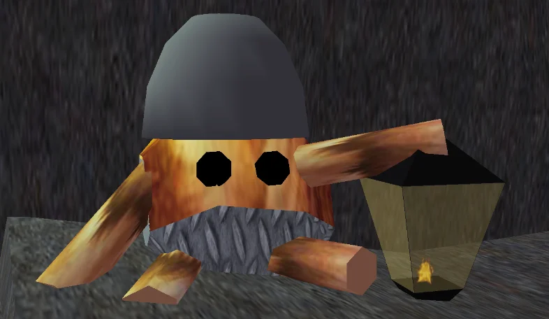 A submin holding a lantern. He has a brown, furry body with blonde mixed in, wearing a metal helmet and pants.