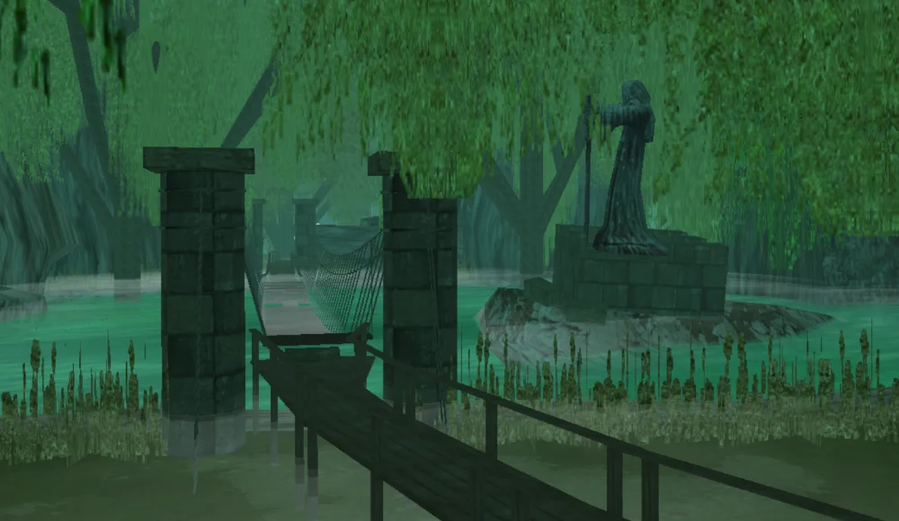 A boardwalk passes through a swampy area shrouded in shadows. In a bog stands a foreboding, hooded statue holding a sword pointing down.