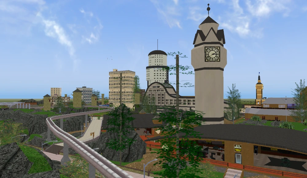 A skyline showing a monorail track, a standalone clock tower, and several office buildings with a park in the foreground.