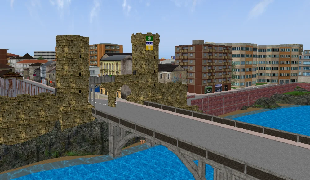 A European-style walled city with modern apartment complex buildings inside.