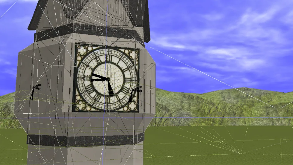 A video game scene of a clocktower rising above a plaza and an elevated monorail track, with wireframe overlay.